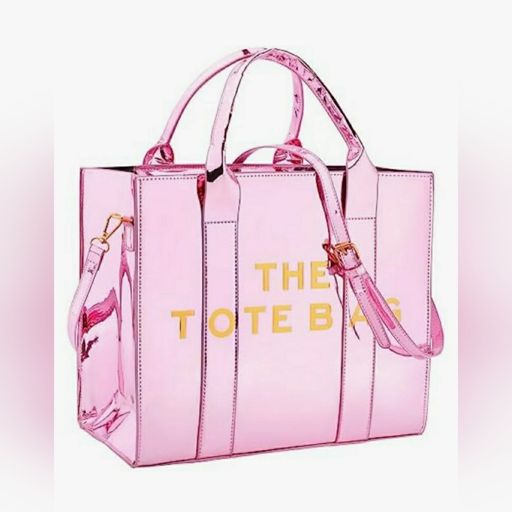 Pink Glossy Tote Bag for Teen Girl, PU Leather with Zipper, Crossbody For Travel